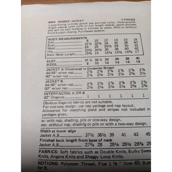 Vintage Vogue 8654 Pattern Misses Loose Fitting Wrap Jacket Uncut - Picture 4 of 6